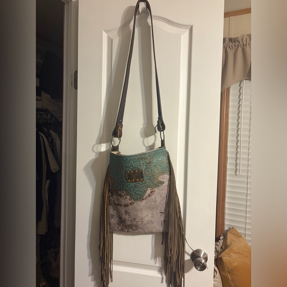 Fringed upcycled LV Leather Crossbody Bag in Teal and Brown